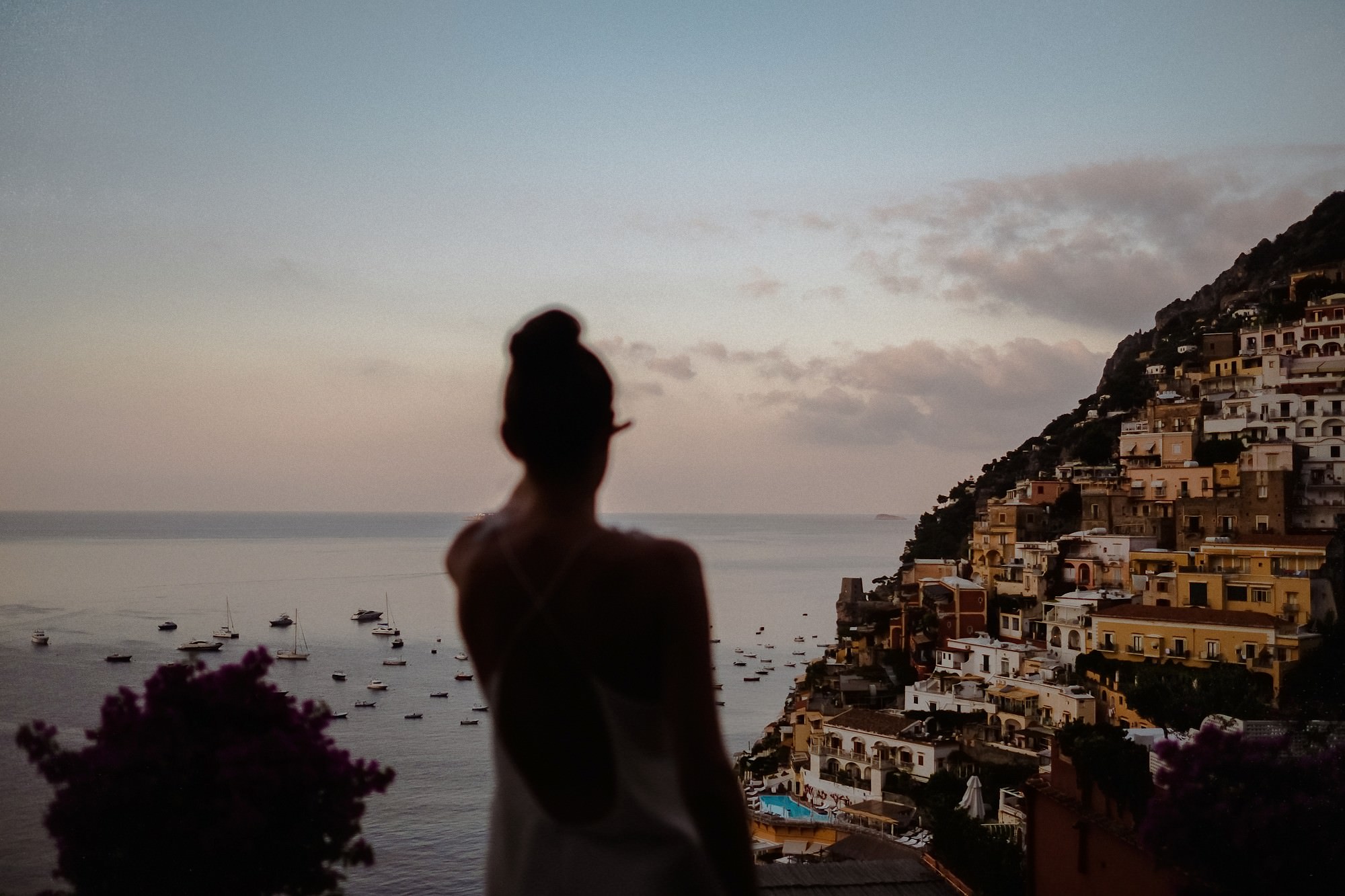Bride looking at Coast of Positano on her wedding day