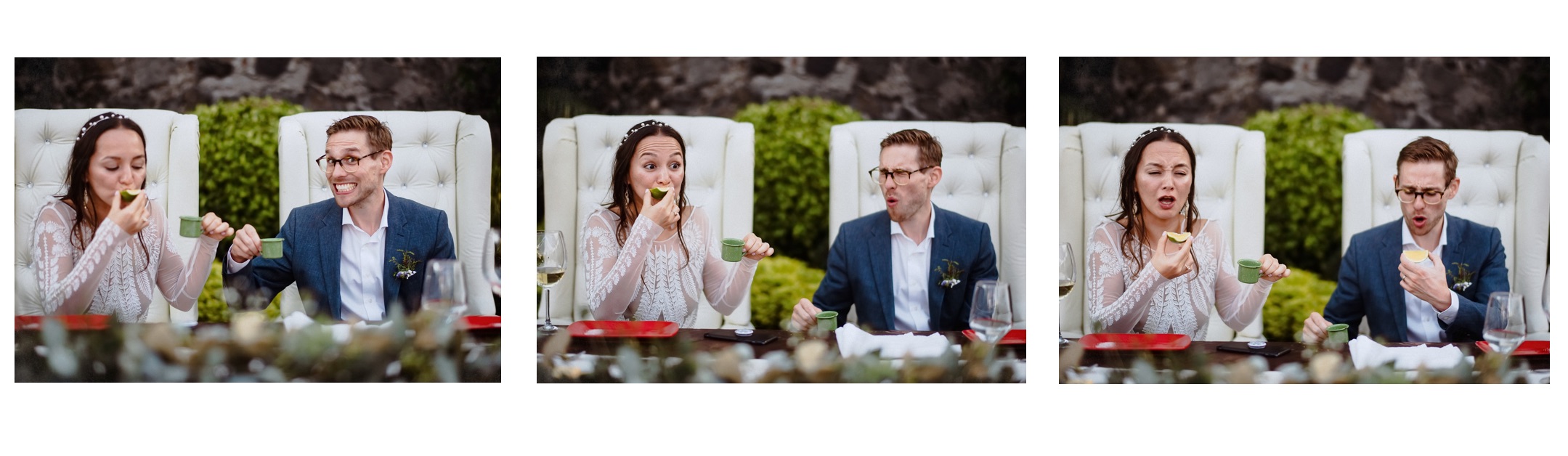 Eine Drei-Panel-Serie zeigt das Brautpaar beim Mezcal-Trinken mit unterschiedlichen Reaktionen