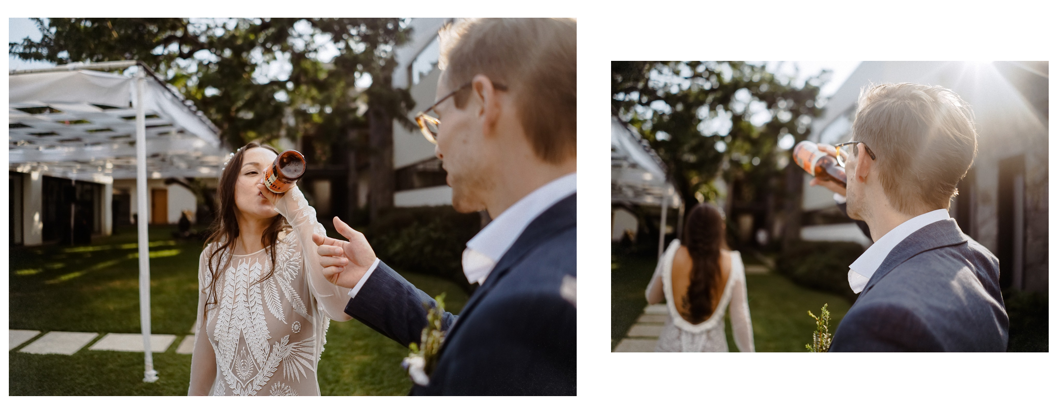 Ein Split-Screen zeigt die Braut, die mit einem Mann ein Bier trinkt