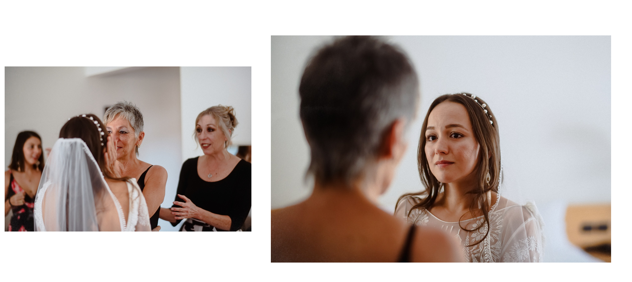 Im Split-Screen posiert die Braut vorne mit ihrer Mutter, dahinter eine Nahaufnahme der Braut