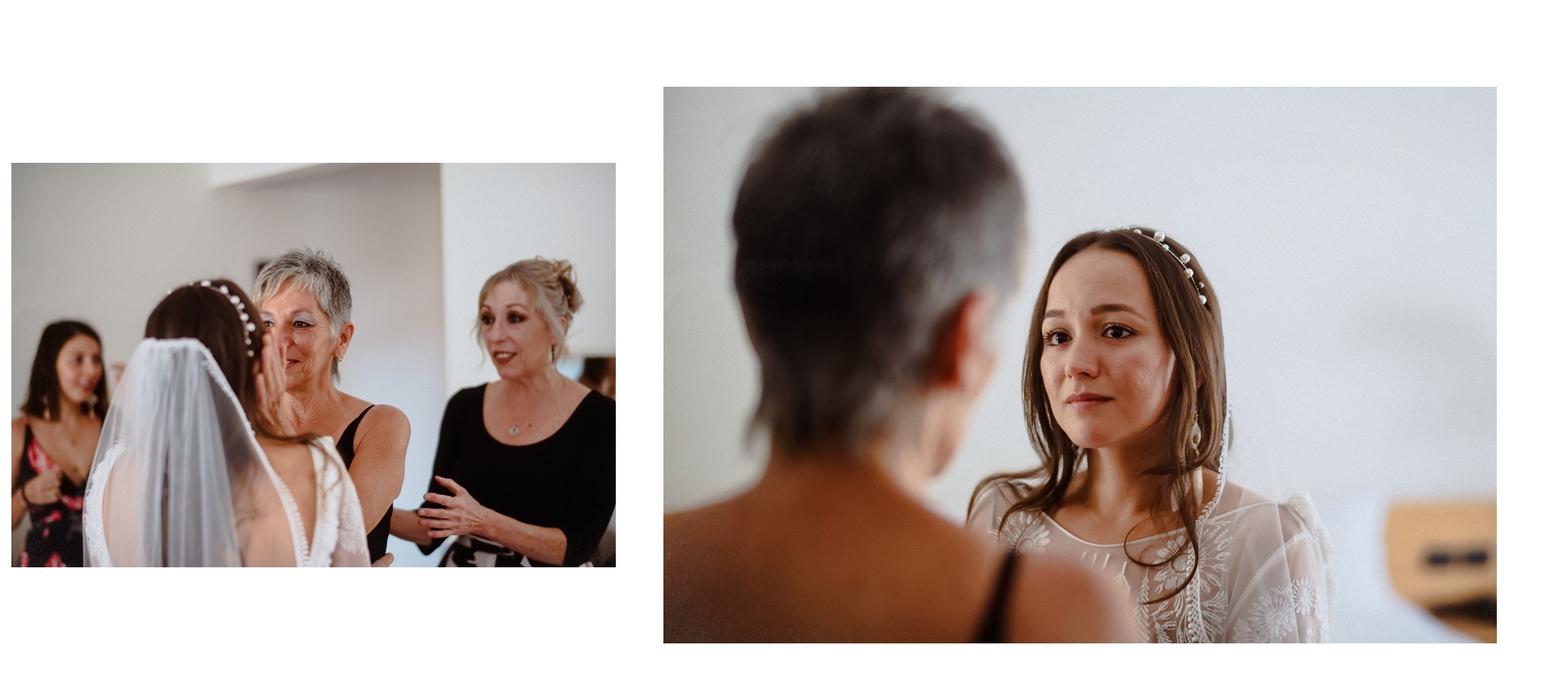 Ein Split-Screen zeigt eine Nahaufnahme der Braut neben ihrer Mutter in heller Kleidung