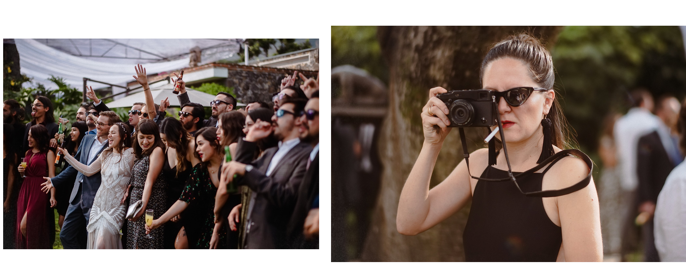 Im Split-Screen feiern Gäste unter dem Zelt, während die Fotografin die Szene festhält