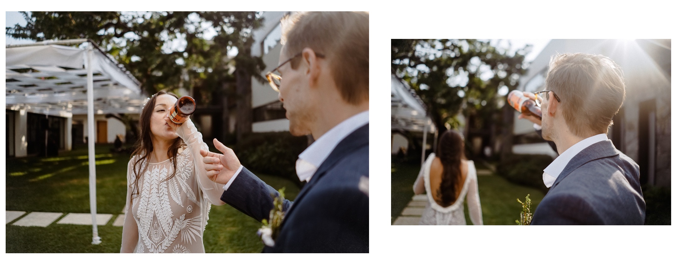 Im Split-Screen trinkt ein Gast mit Sonnenbrille sein Getränk auf der Feier