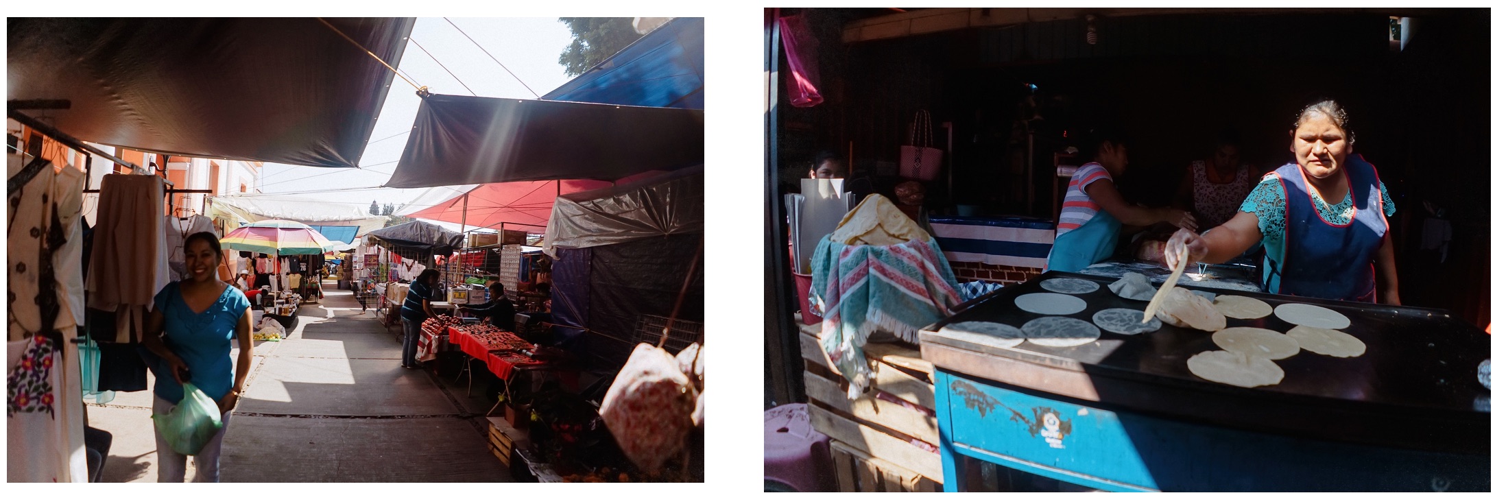 Ein Split-Screen zeigt einen Marktstand mit Kleidung und Touristen in Tepoztlán