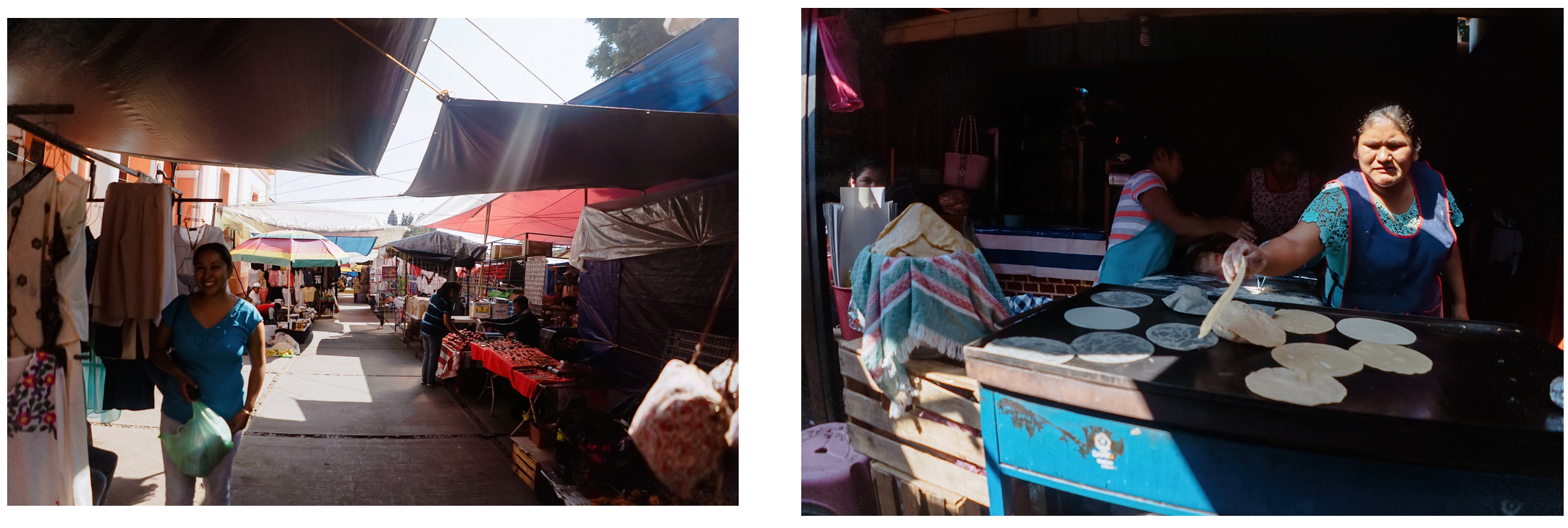 Im Split-Screen reicht eine Verkäuferin Teller an einem lebhaften Marktstand