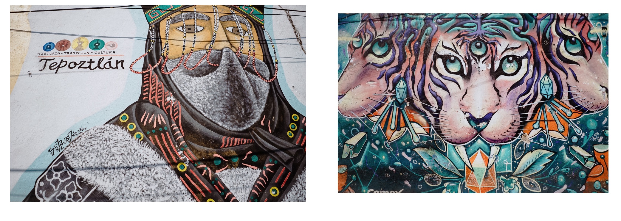 Ein Split-Screen kombiniert ein Wandgemälde mit einem Huhn und eine Tiger-Maske