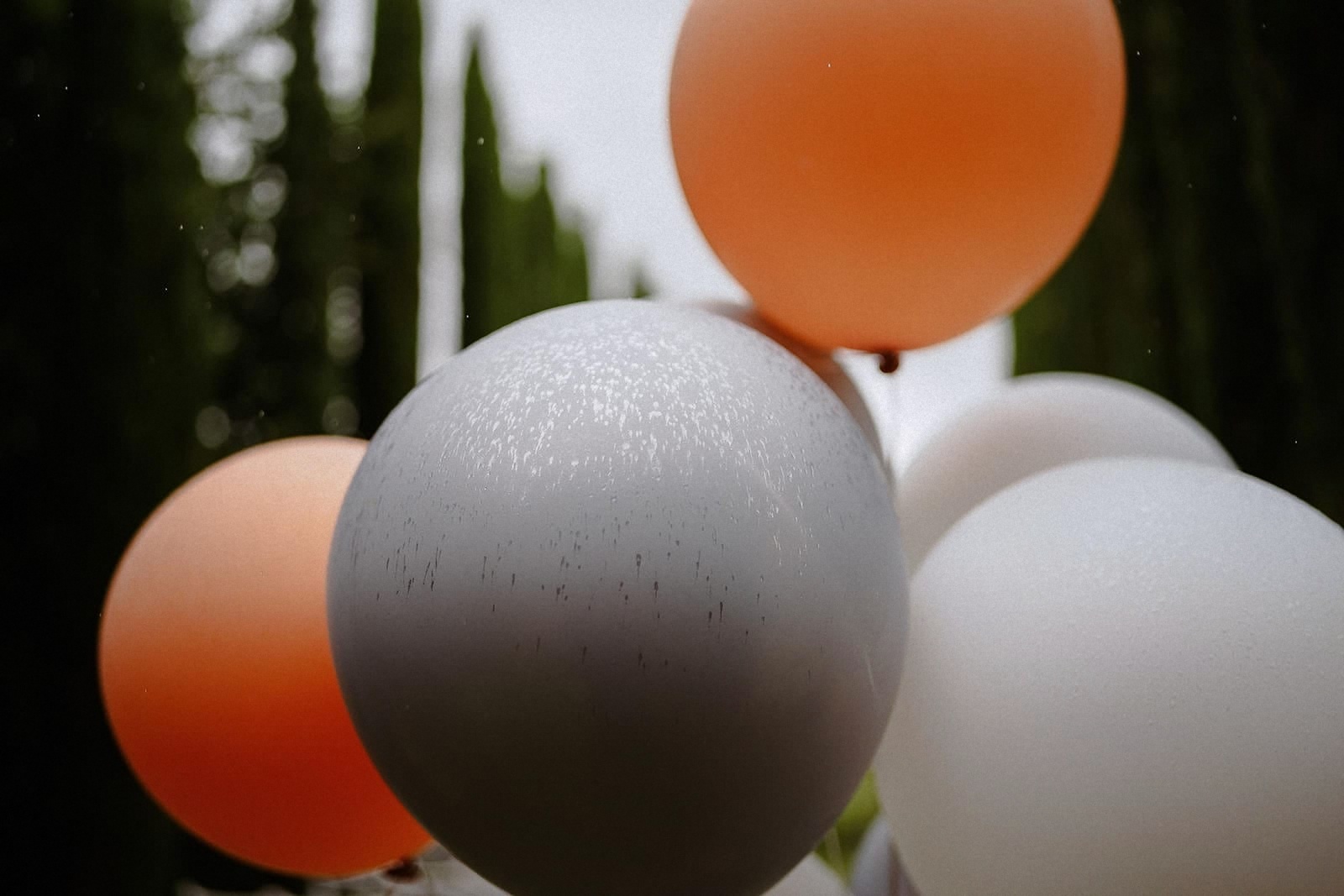 Nahaufnahme der Ballondekoration in Weiß, Orange und Grau zur Zeremonie.