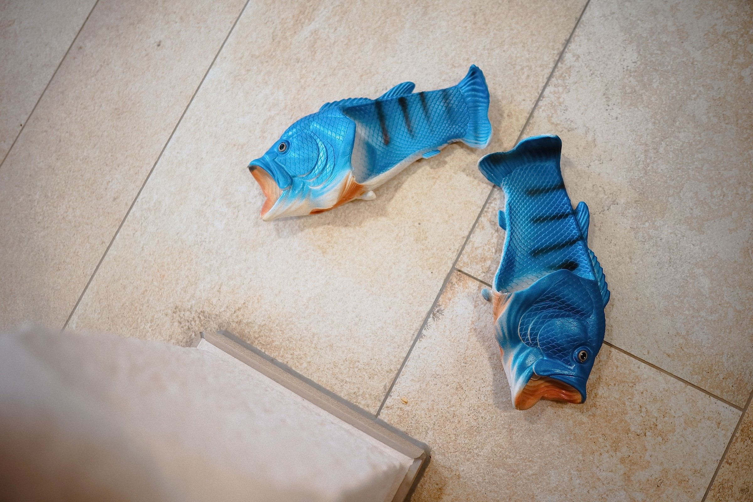 Zwei kunterbunte Badeschuhe in Fischform liegen als witziges Detail auf dem Fliesenboden.