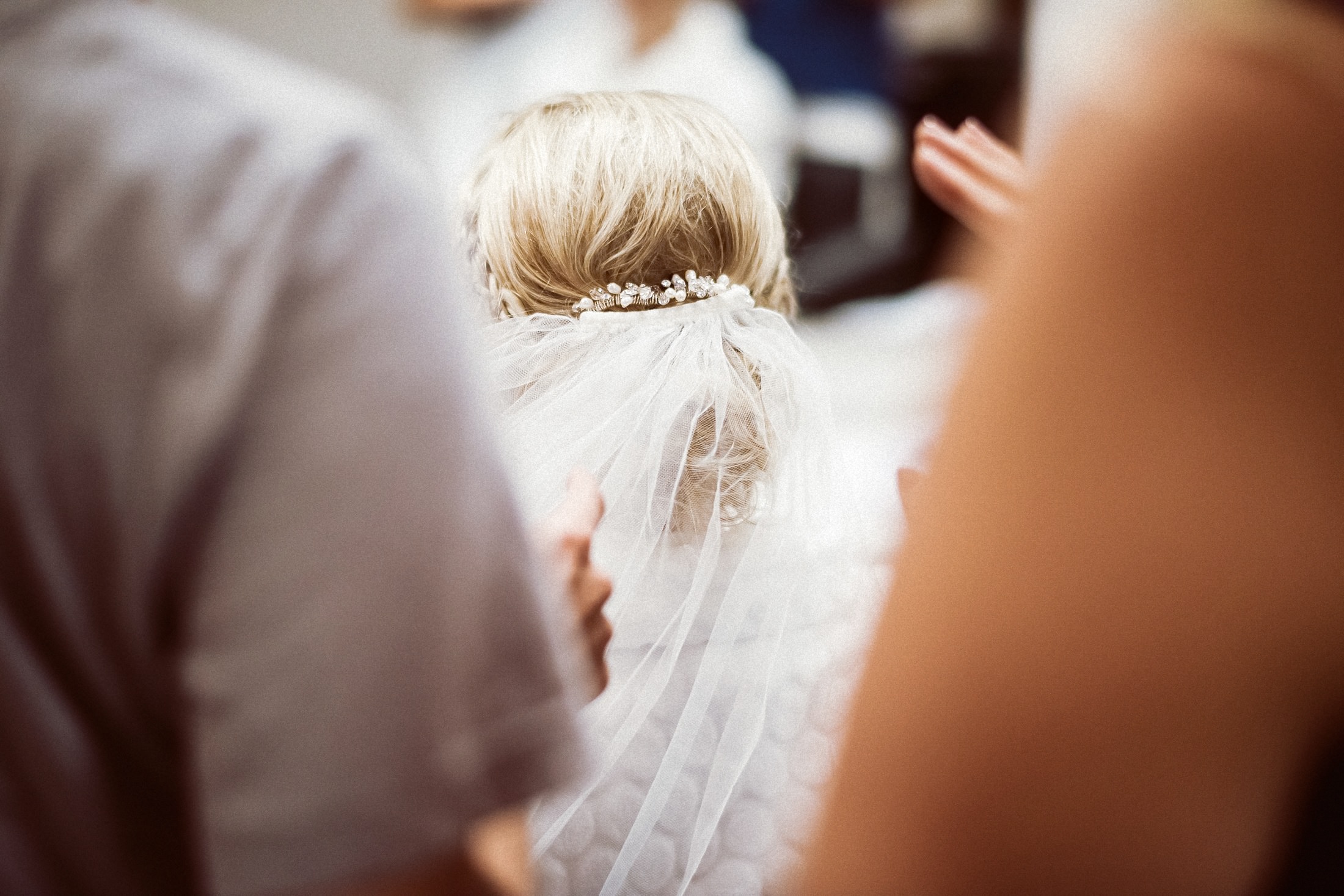 Braut von hinten, blonde Hochzeitsfrisur mit weißem Diadem und feinem Schleier.